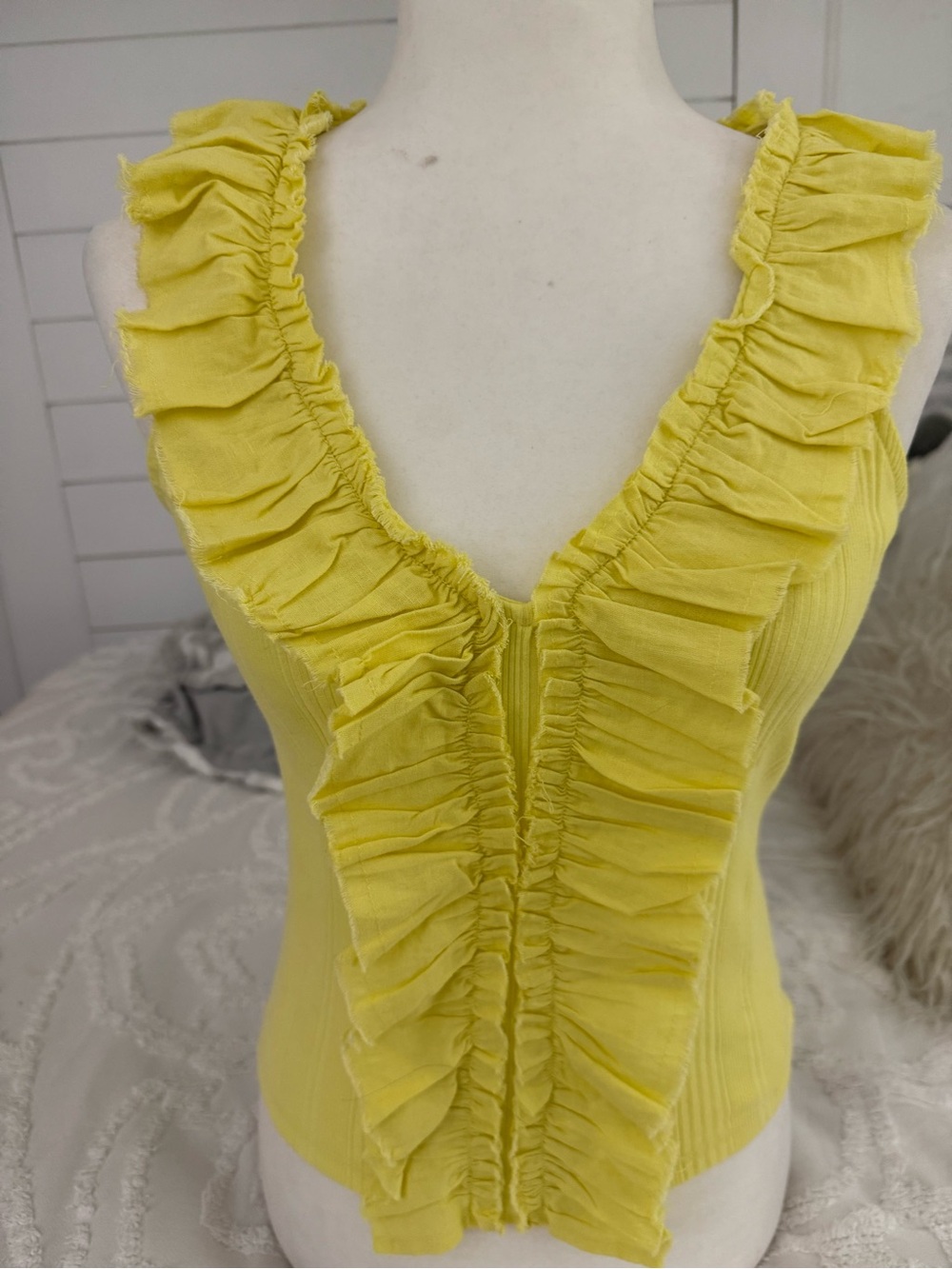 Pilcro Yellow Ribbed Top with Ruffle Trim